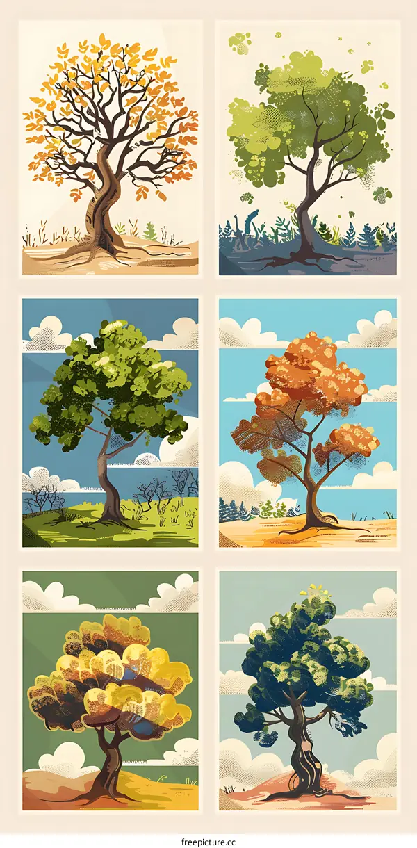 Tree Illustration in Different Seasons with Stippled Effect