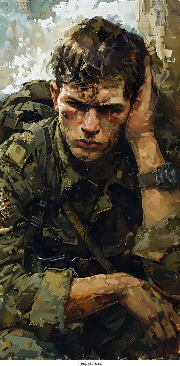 A portrait of a soldier wearing a military uniform and a backpack. He has his hand on his head and looks tired.