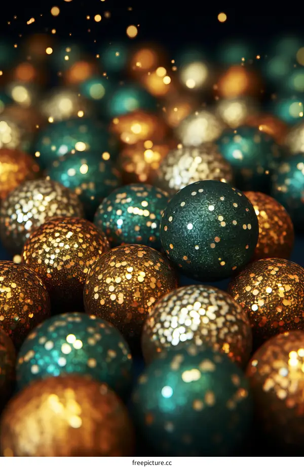 Green and gold Christmas balls with glitter
