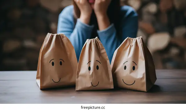 A woman is sitting at a table with three paper bags with smiley faces on them.