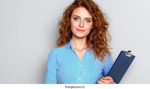 Business woman holding clipboard against a gray background