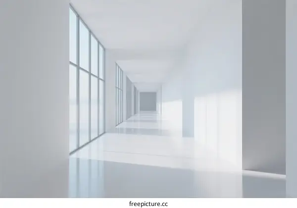Long White Corridor with Glass Walls and Bright Lighting