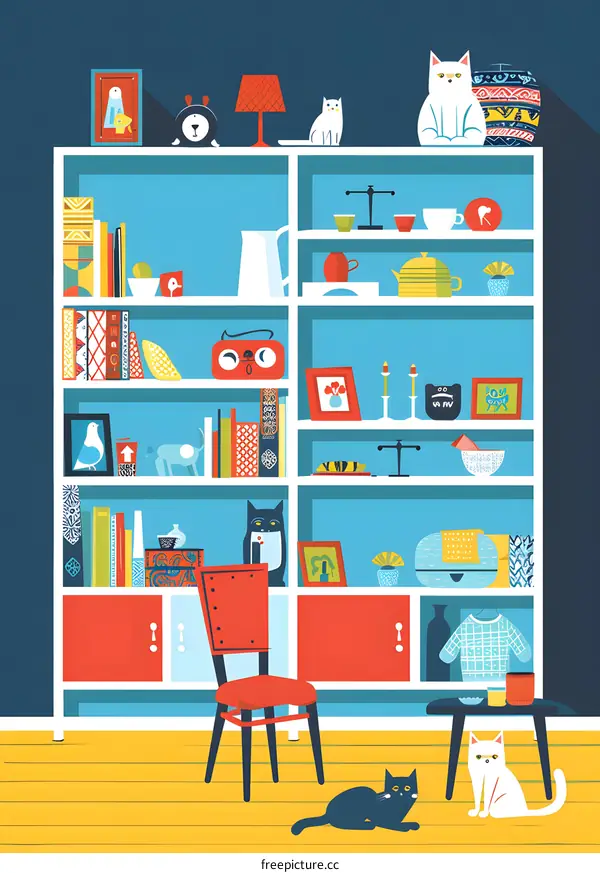 Colorful Illustration of a Cat Lovers Home