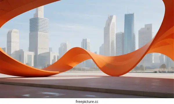 Modern Cityscape with Abstract Orange Art Installation