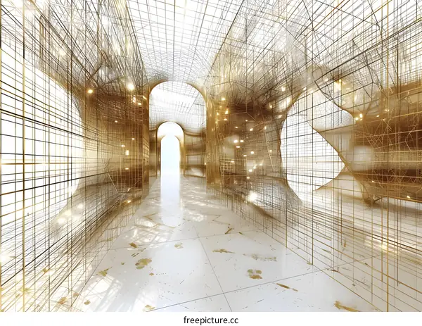 Futuristic architecture with golden wireframe and glowing lights