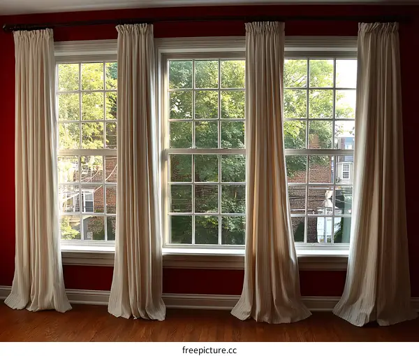 Three Windows with Cream Curtains in a Red Room
