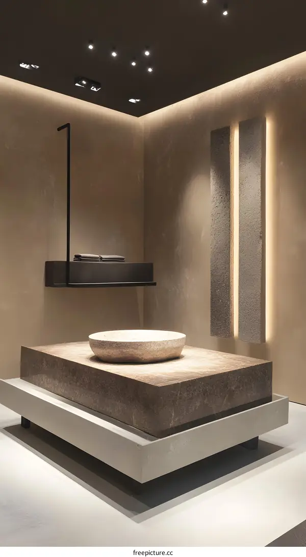 Modern Minimalist Bathroom Design With Stone Sink and Minimalist Lighting