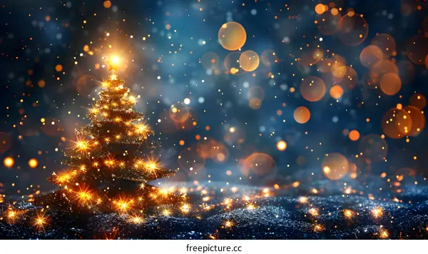 Christmas tree with glowing lights and falling snow in the background