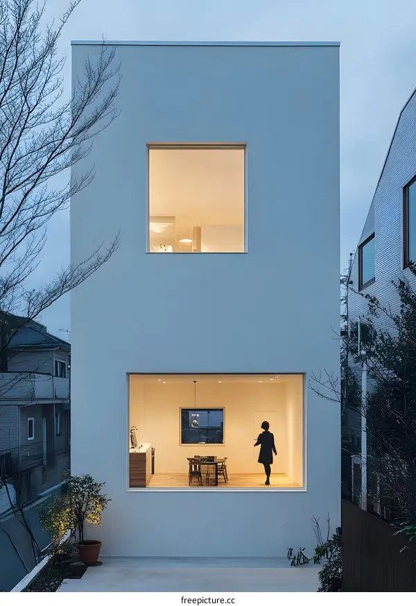 Minimalist House with Large Window and Silhouette of Person Inside