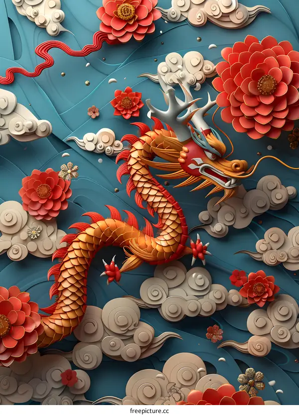 3D rendering of a golden dragon flying among祥云 and flowers