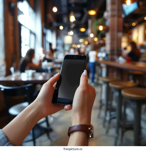 Close-up of woman's hands holding a smartphone in a cafe