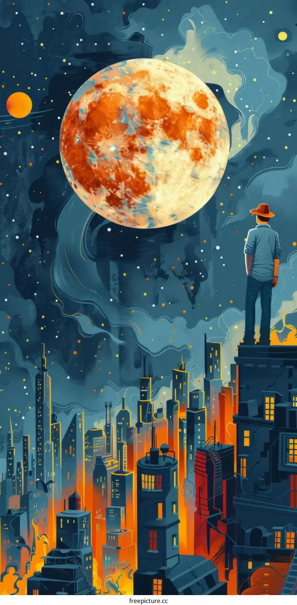 man standing on building looking at moon