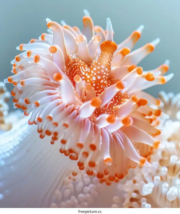 Underwater world of a white and orange anemone