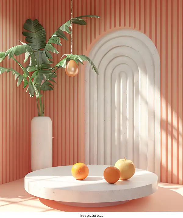 Minimalist 3D Render of Peach Colored Room with Round Pedestal and Fruits