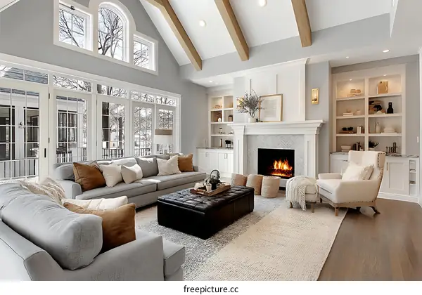 Modern Cozy Living Room with Fireplace and Large Windows