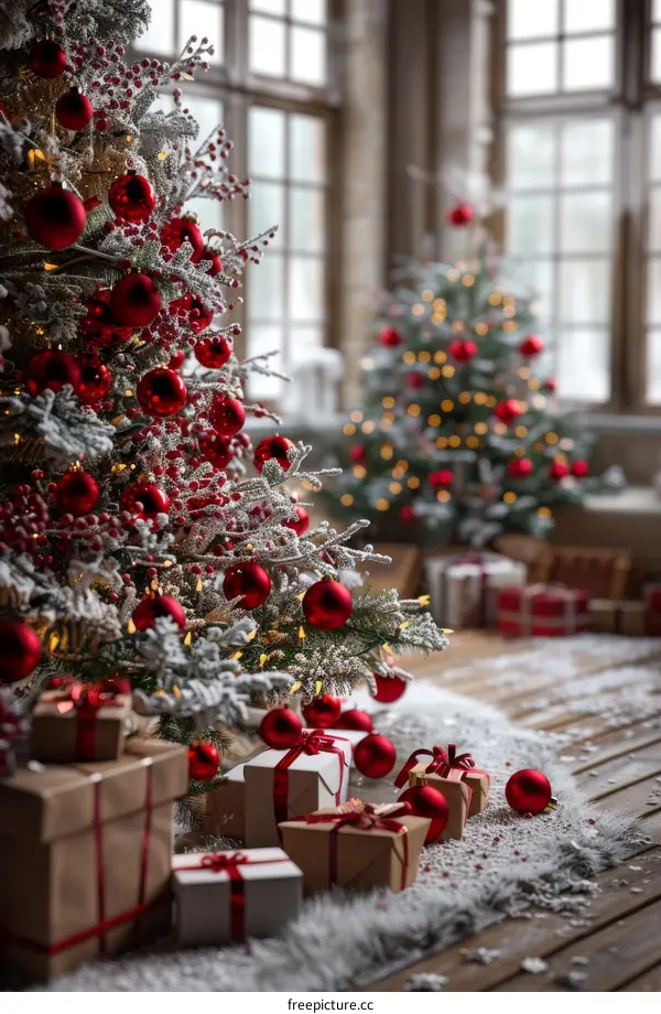 Christmas tree with red ornaments and gifts