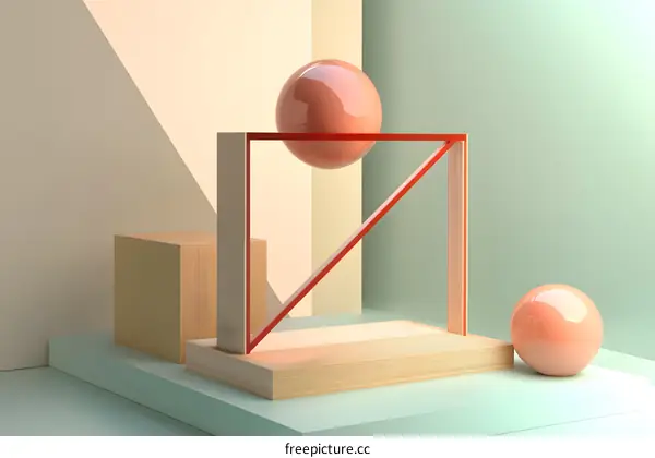 Abstract Geometric Shapes with Wood Platform and Red Lines