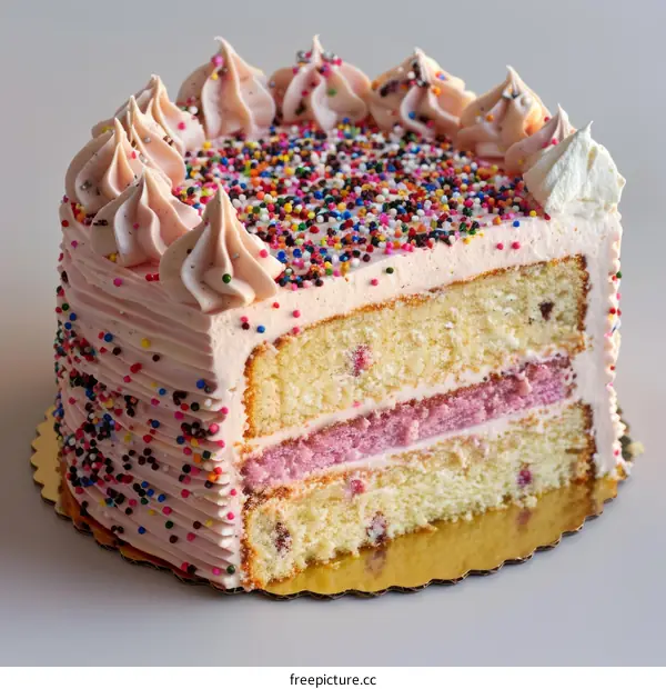 A Sweet Slice of Cake: Pink Frosting and Rainbow Sprinkles