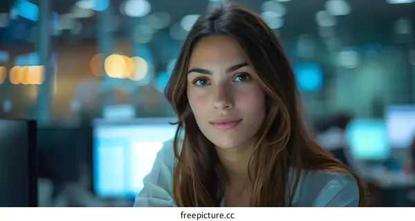Young Woman Working at a Computer in an Office at Night