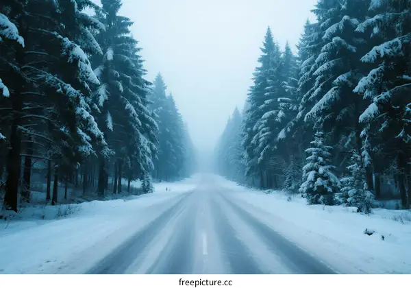 A snowy road surrounded by tall snow-covered pine trees in a foggy winter scene