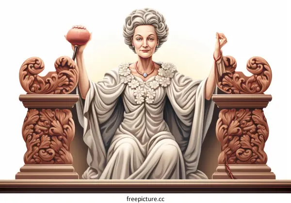 An illustration of an elderly woman holding a red ball and a key in front of a white background