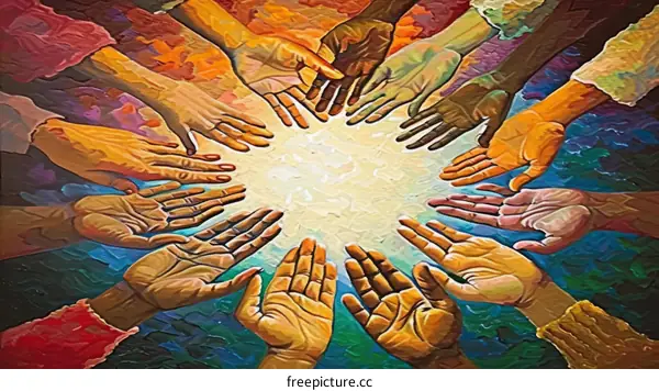 A painting of a group of people of different ethnicities reaching their hands out to the center