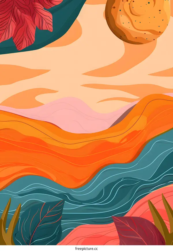 Abstract Artistic Illustration of Wavy Lines and Leaves