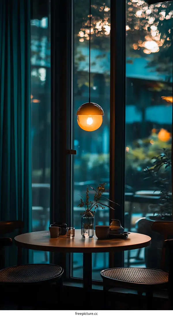 Round Table With Two Chairs And Pendant Light In Front Of Large Window