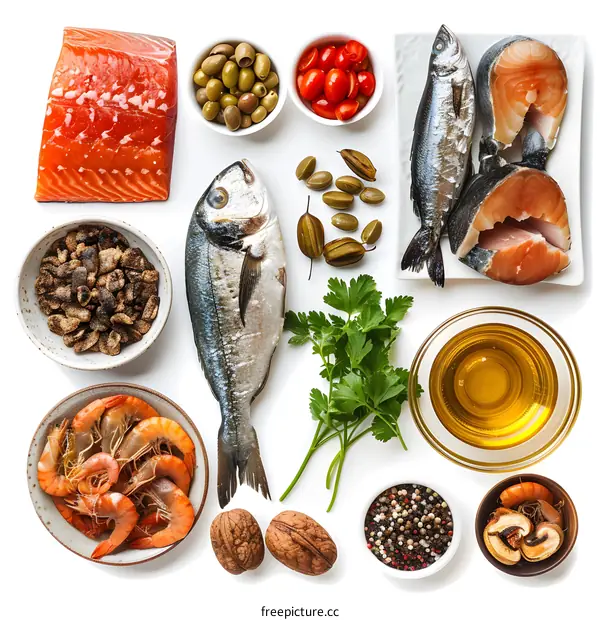 Assortment of Fresh Seafood, Nuts, and Vegetables, Food Concept on White Background