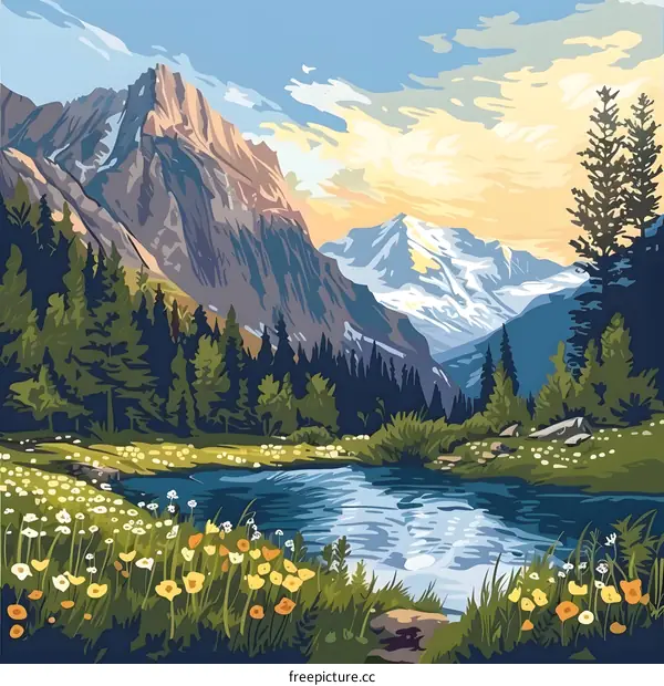 Mountain Lake Landscape Illustration