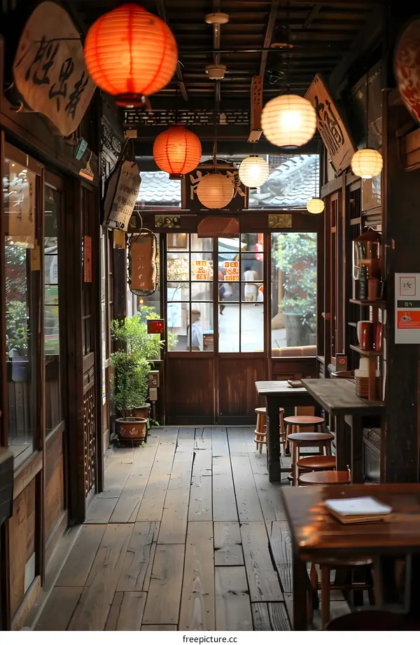 The interior of a traditional Chinese restaurant with red lanterns