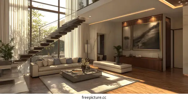 Modern Living Room Interior Design with Wooden Stairs