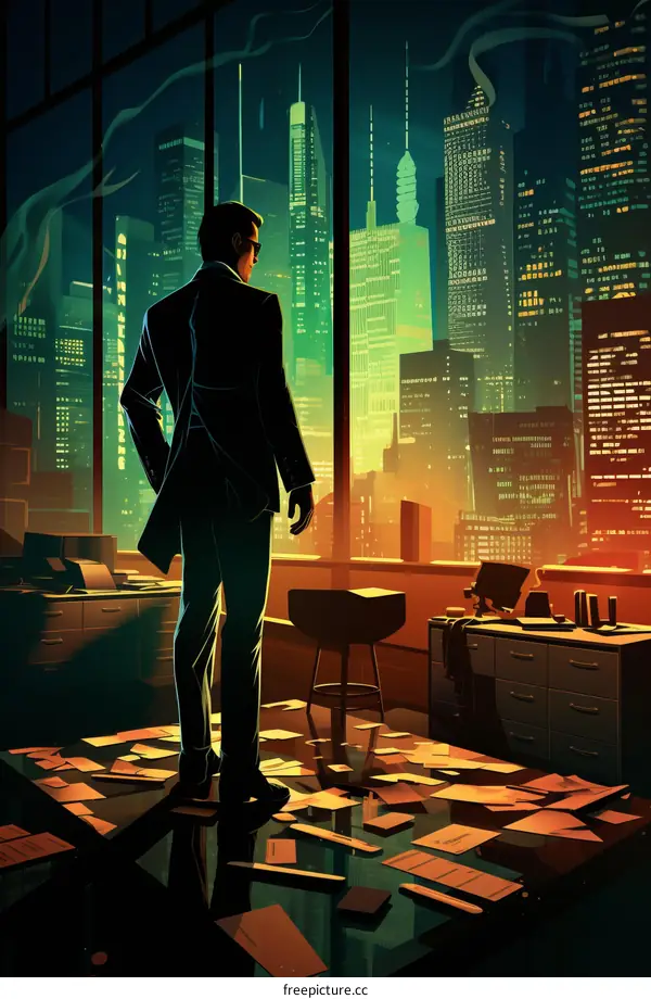 A man in a suit looking out the window of an office at night