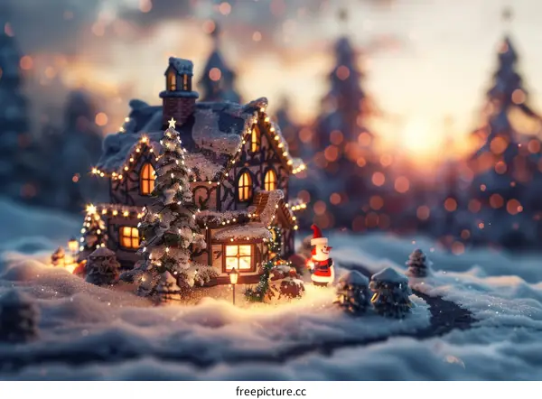 Christmas Village Scene with Illuminated House
