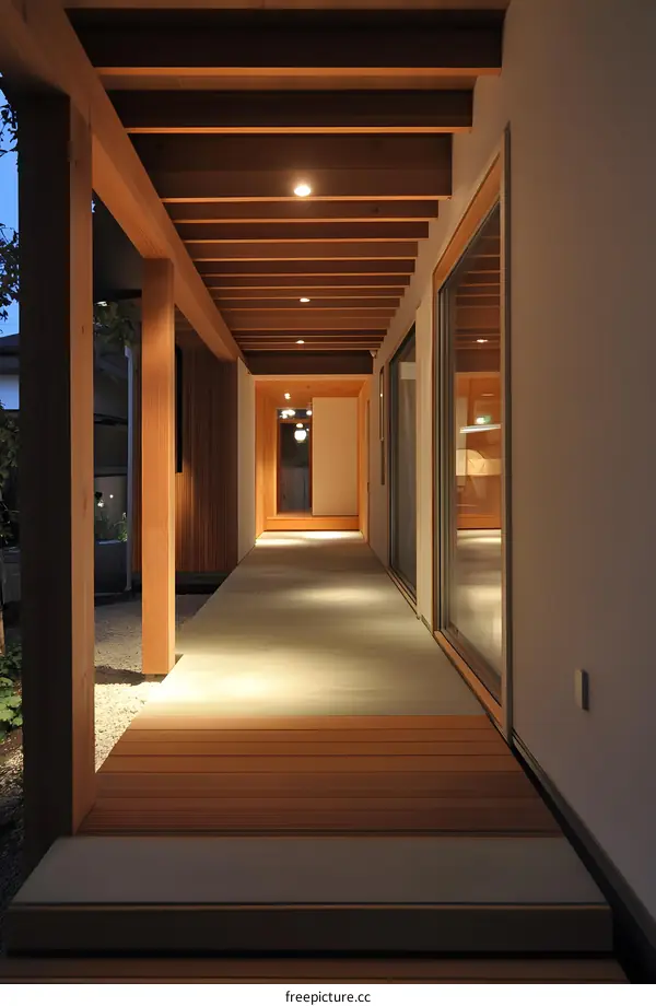Modern Japanese House Wooden Corridor with Ceiling Lights