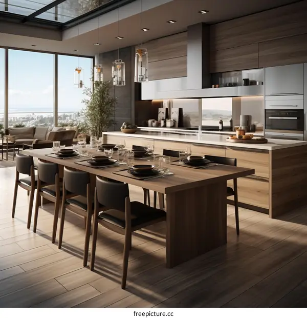 Modern kitchen with large dining table and view of the city