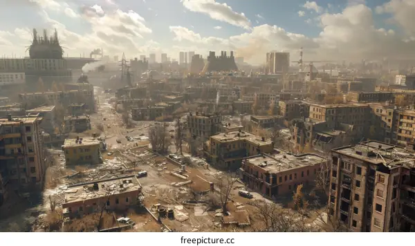 Ruined city with large buildings and a factory in the background