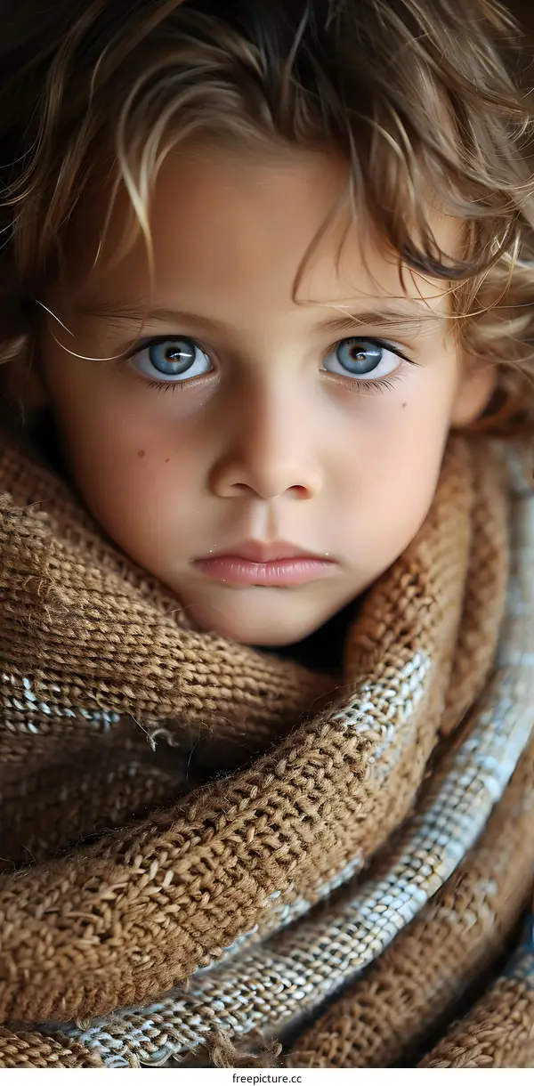 Portrait of a young boy with blue eyes and curly hair