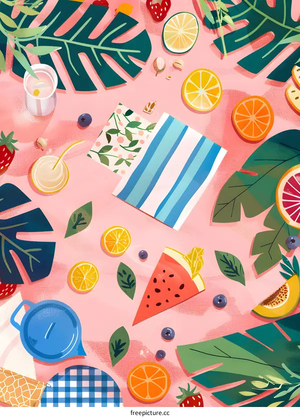Summer Picnic Illustration with Watermelon and Fruit