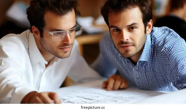 Two Caucasian Architects Examining Architectural Plans