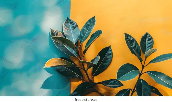 Green Leaves on Blue and Yellow Background