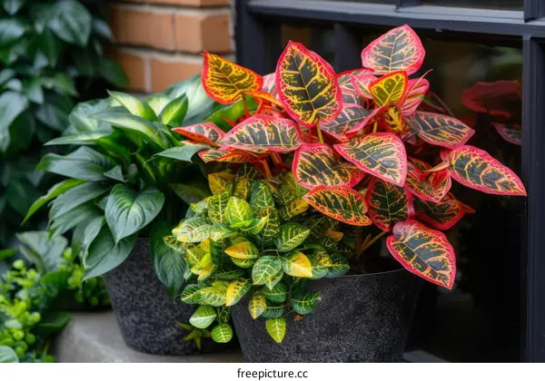 Red and green leaves of a houseplant by the window