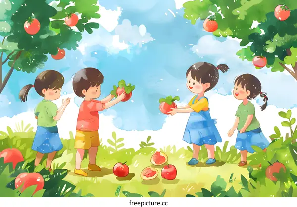Four Children Playing in an Orchard with Red Apples