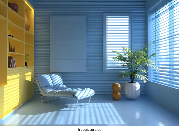 Blue Minimalist Living Room Interior Design With Yellow Accent Wall