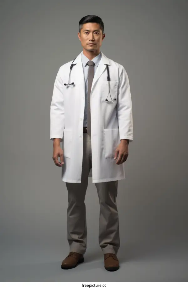 Asian male doctor in white coat and stethoscope