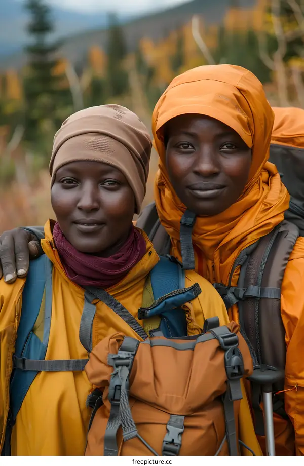 Two smiling black women wearing orange jackets and backpacks are hiking in the mountains.