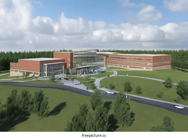 Modern School Building with Glass Facade and Green Lawn