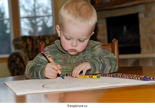 Young Boy Concentrating on Drawing with Crayons