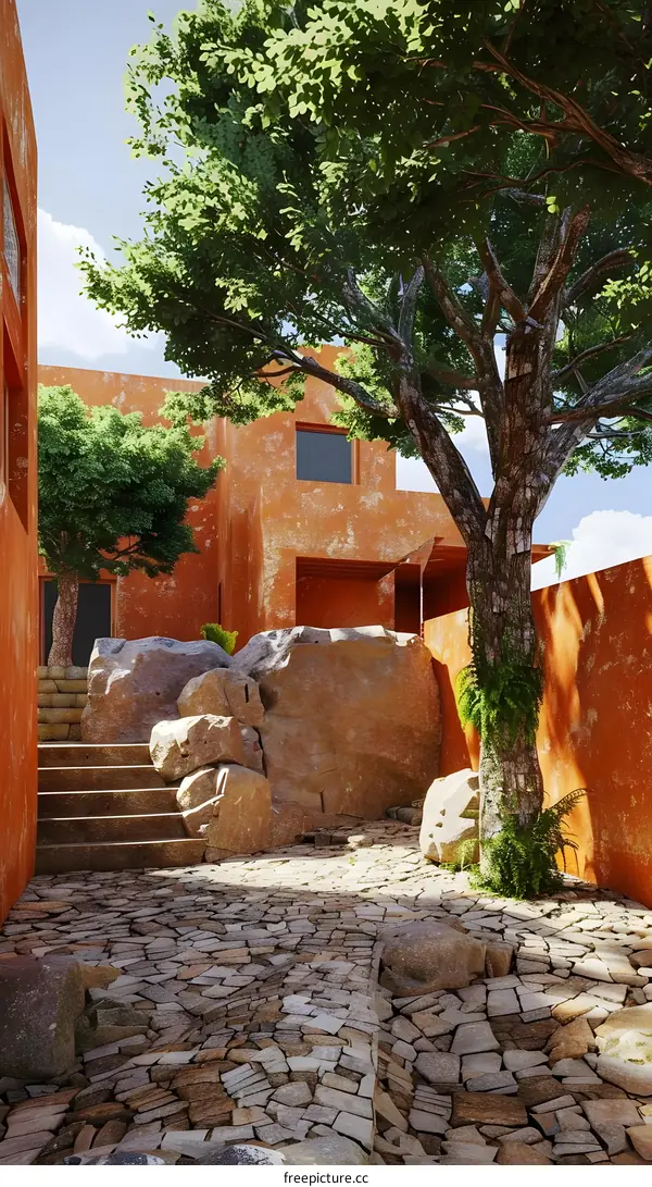 Orange Modern House with Stone Steps and Tree in Front Yard