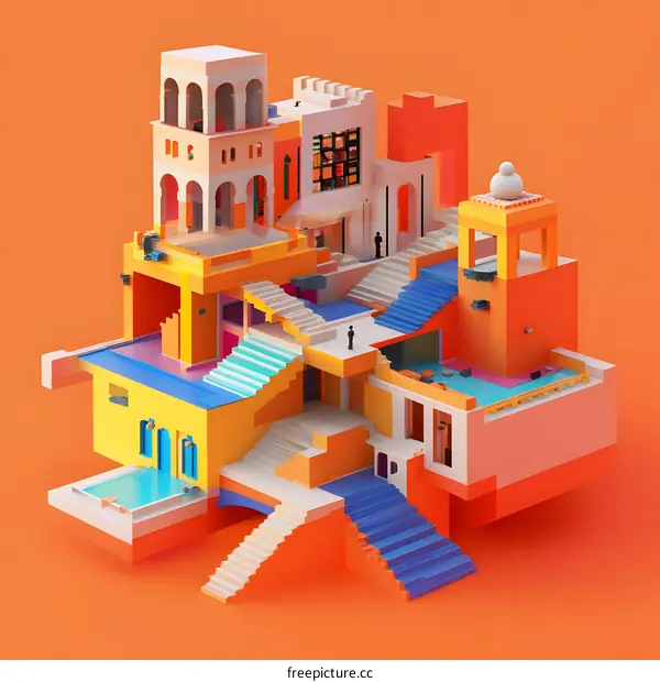 Abstract Architecture with Interlocking Buildings and Colorful Stairs